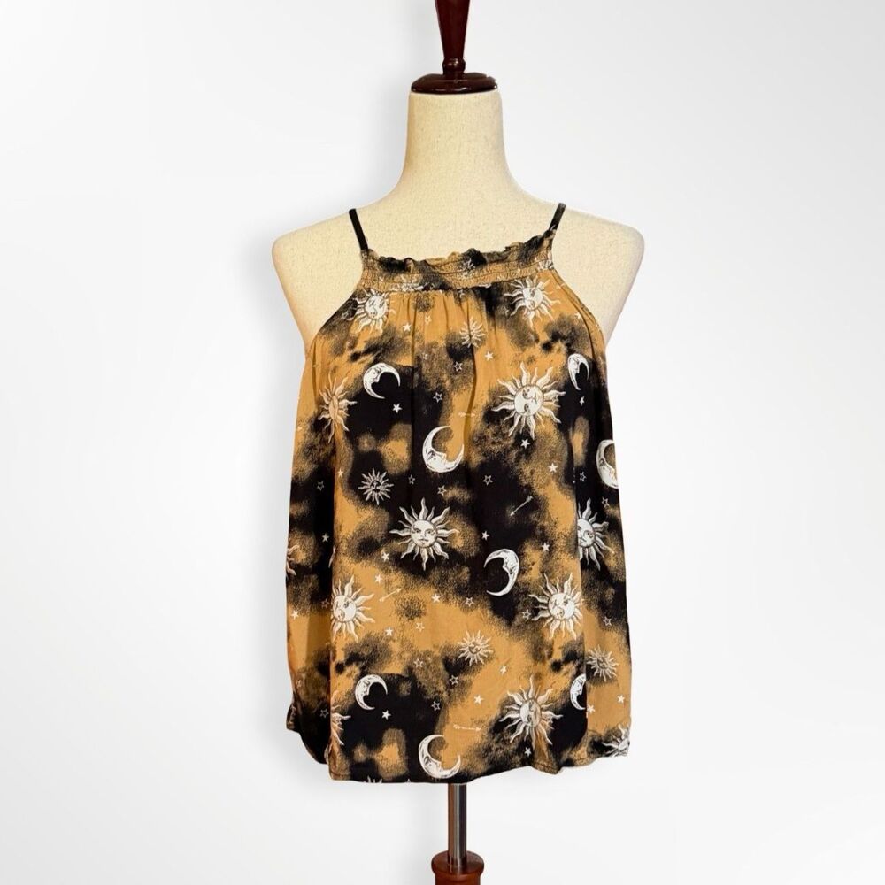 Black & Gold Tie Dye Celestial Printed Tank Top, XL JR Whimsigoth Summer